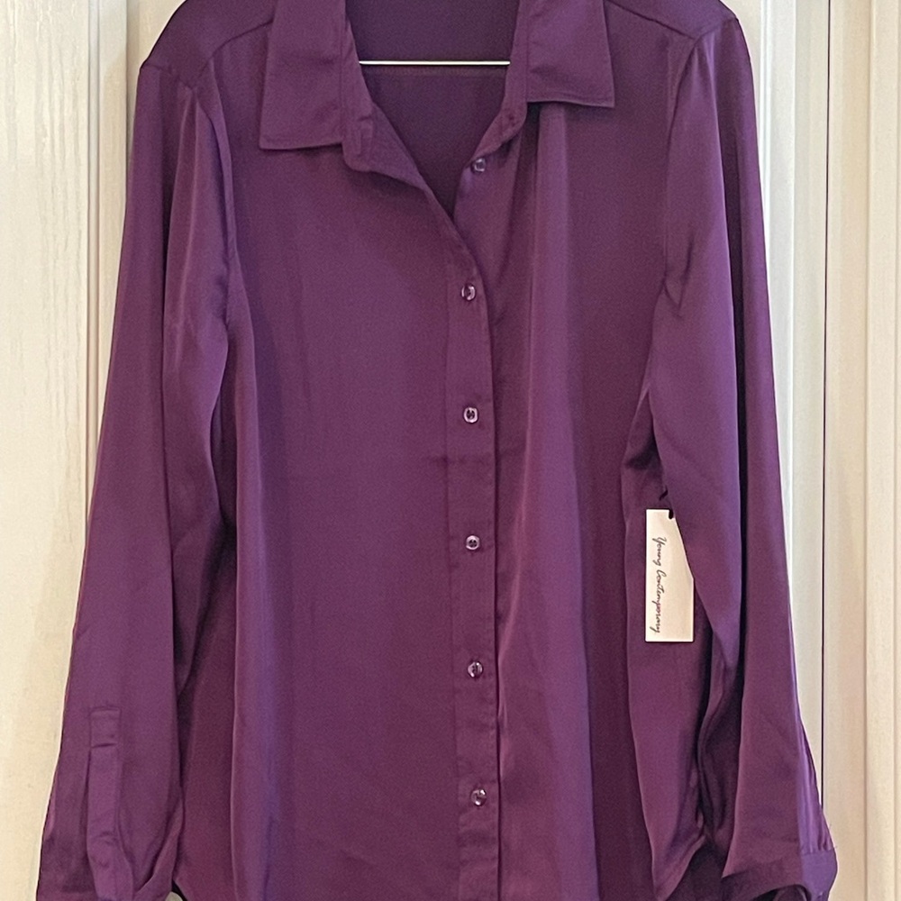 Women’s Blue Blossom Purple Long Sleeve Button Up,  Size L
